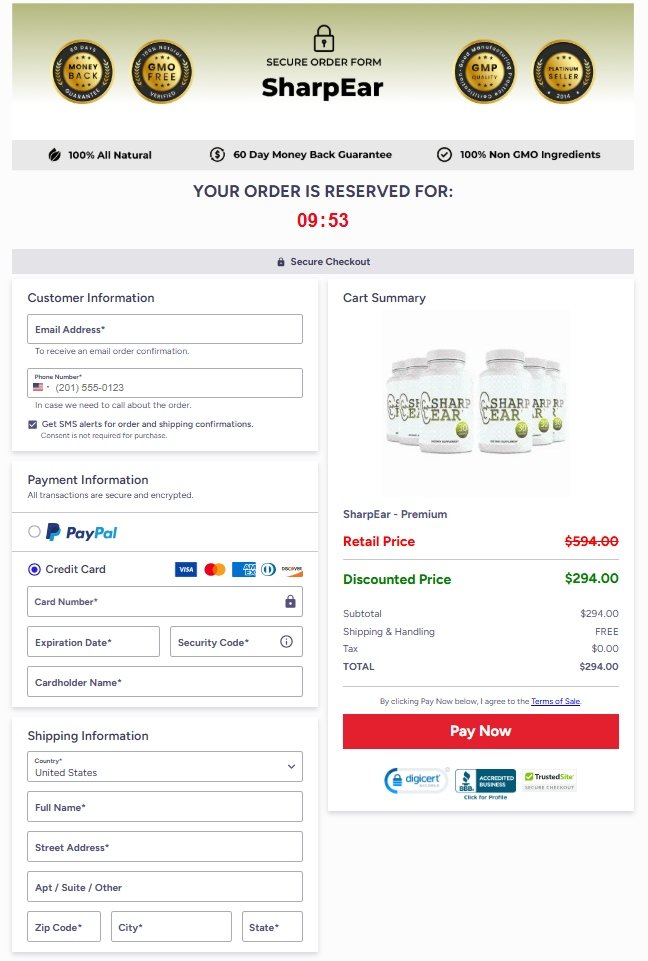 Secure payment page for SharpEar official order